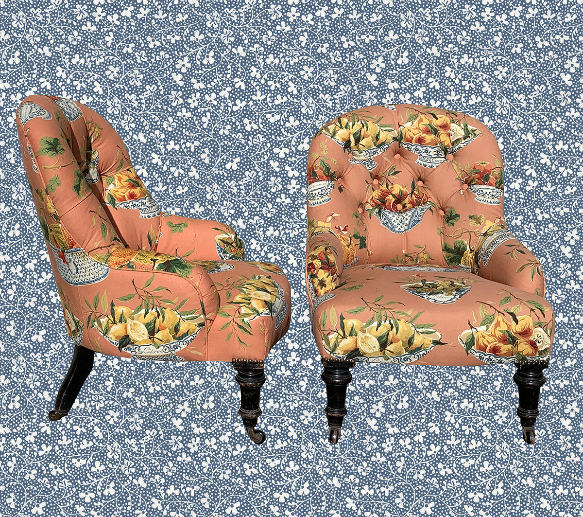 HANS & GRETEL - A Pair Of Antique Button Back Armchairs In Vintage Colefax & Fowler Fabric-