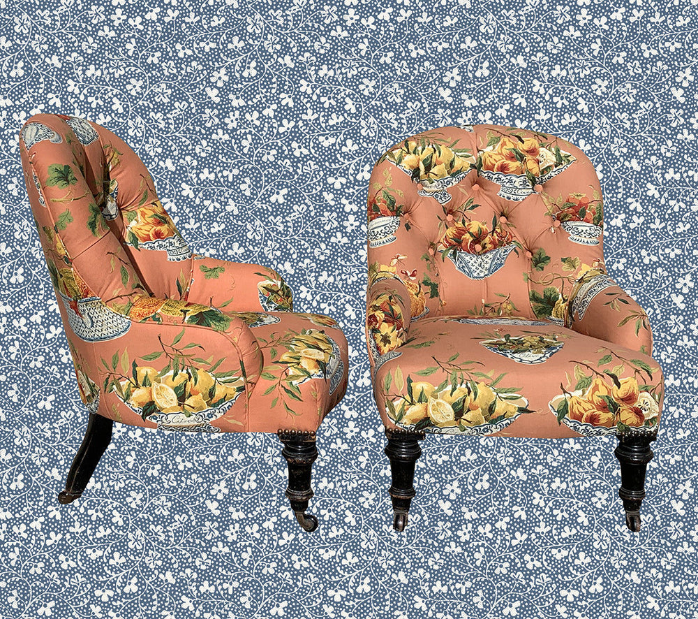 HANS & GRETEL - A Pair Of Antique Button Back Armchairs In Vintage Colefax & Fowler Fabric