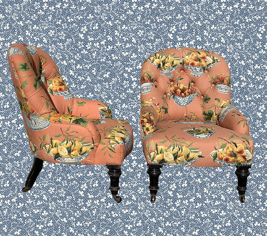 HANS & GRETEL - A Pair Of Antique Button Back Armchairs In Vintage Colefax & Fowler Fabric