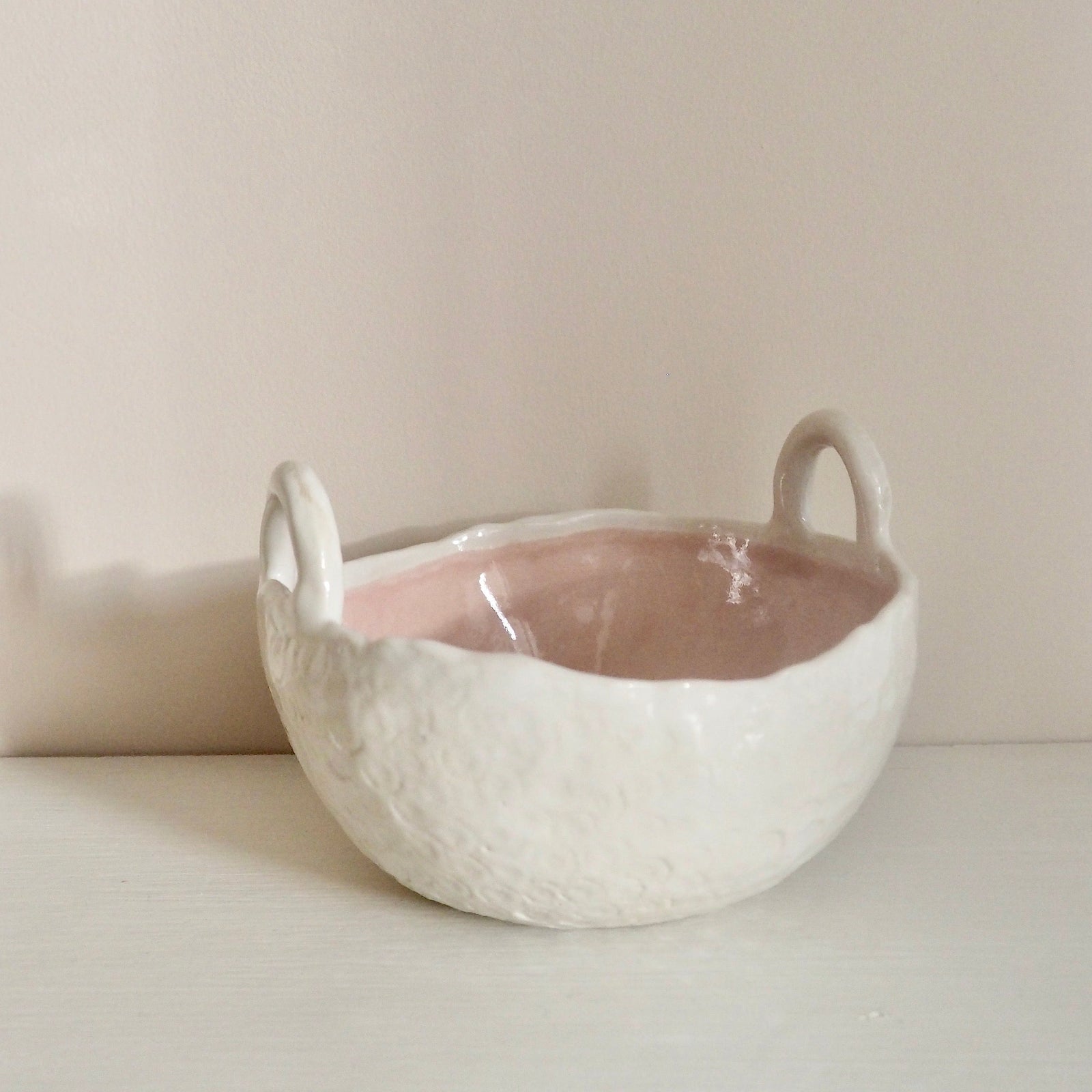 Handmade Pastel Pink and White Ceramic Bowl with Handles