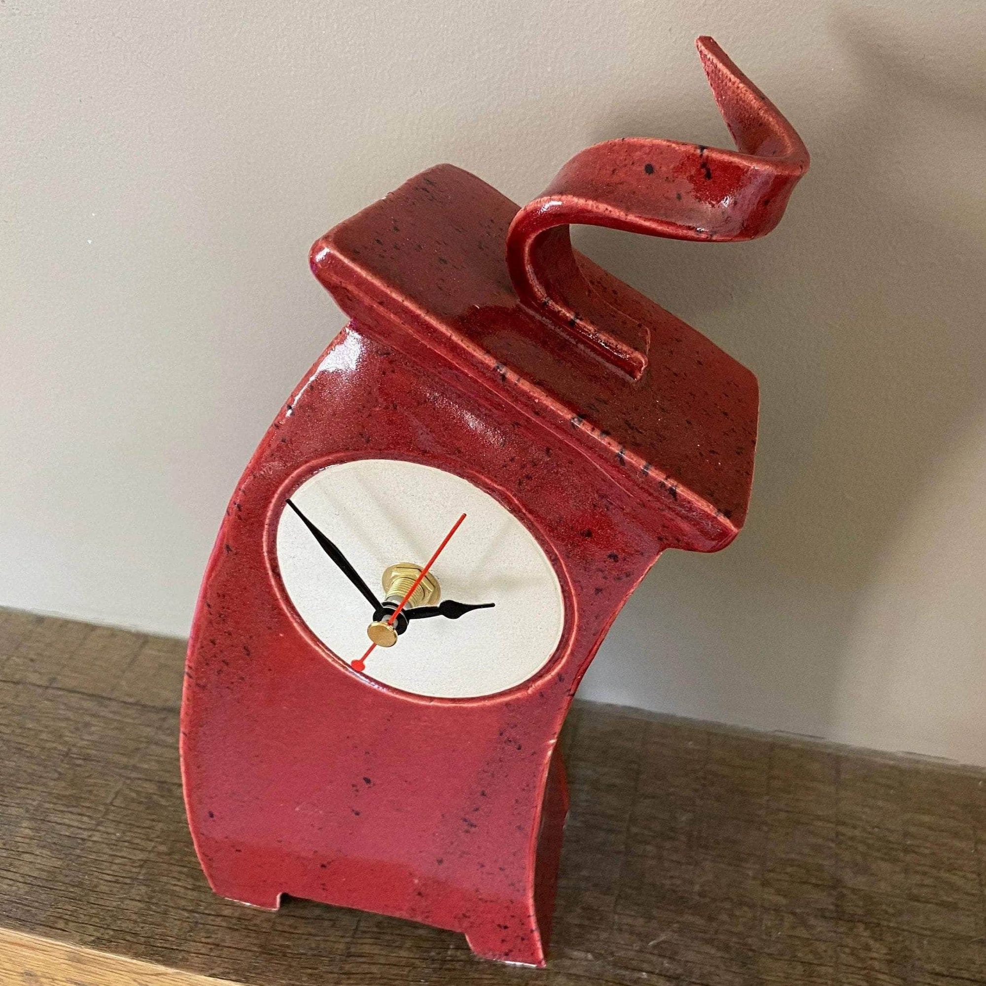 Wonky Ceramic Clock for Desk, Shelf, Mantel, Table speckled red glaze curly top