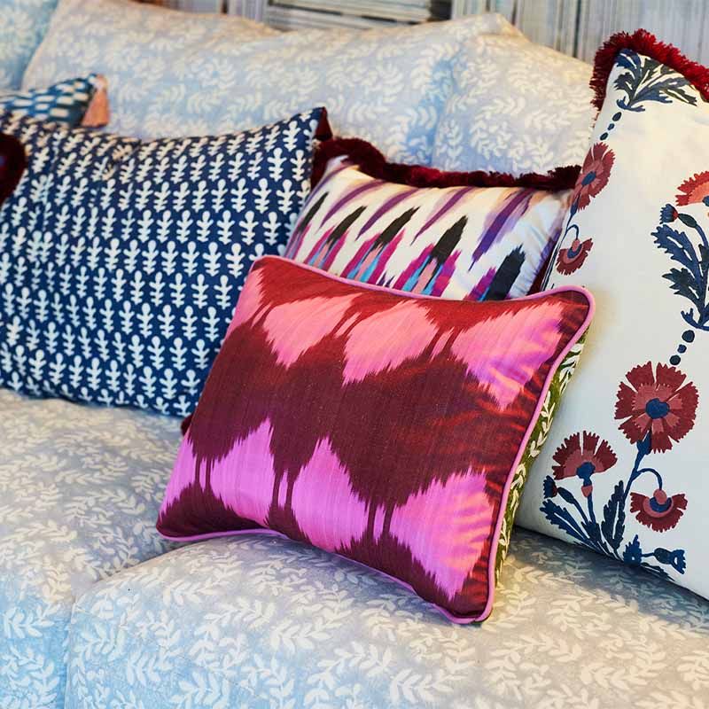 Cushion Piped Ikat Claret Pink Ashdown Khaki