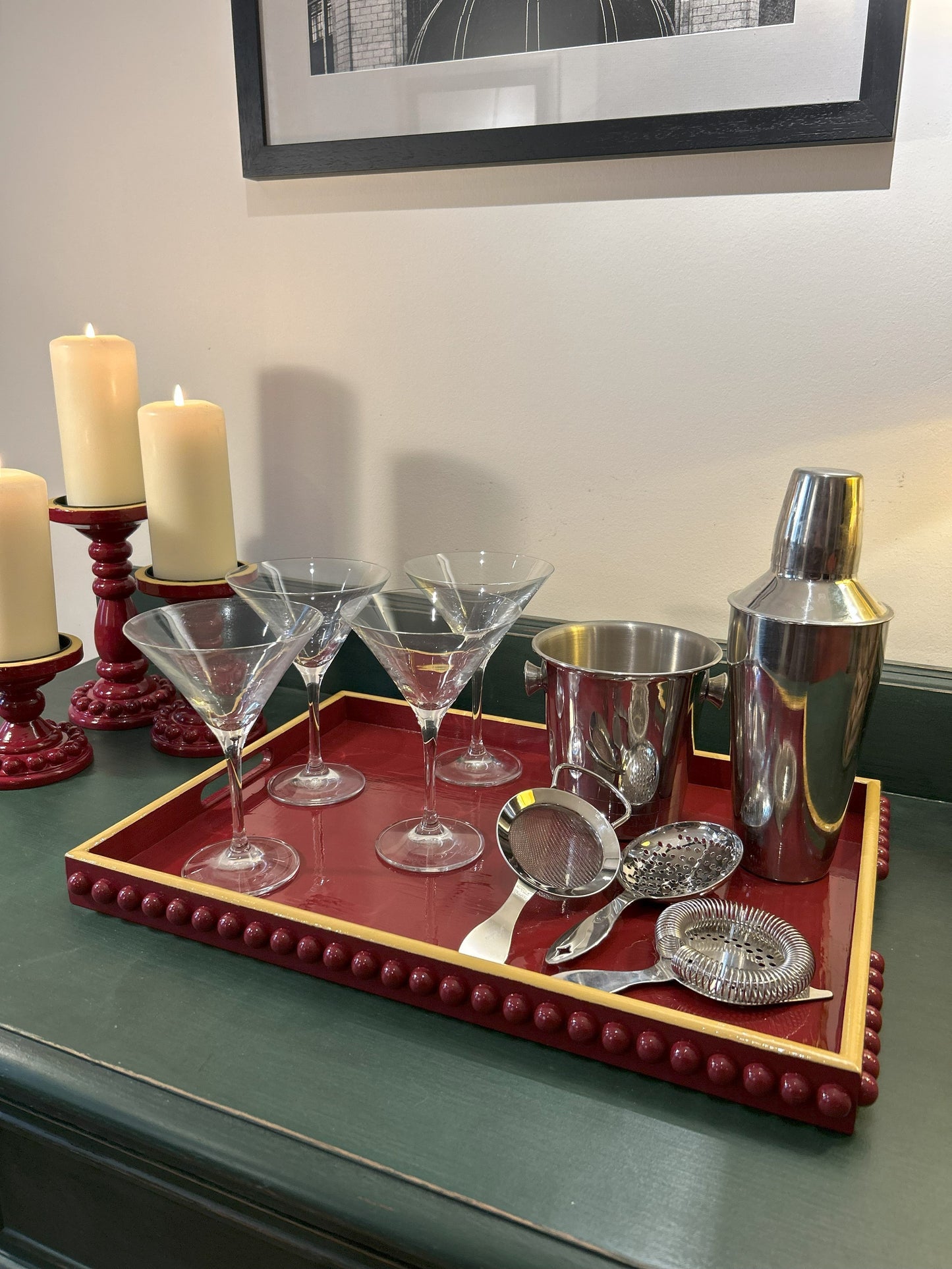 Red Bobbin Style Coffee Table Tray with Mustard Yellow Edge