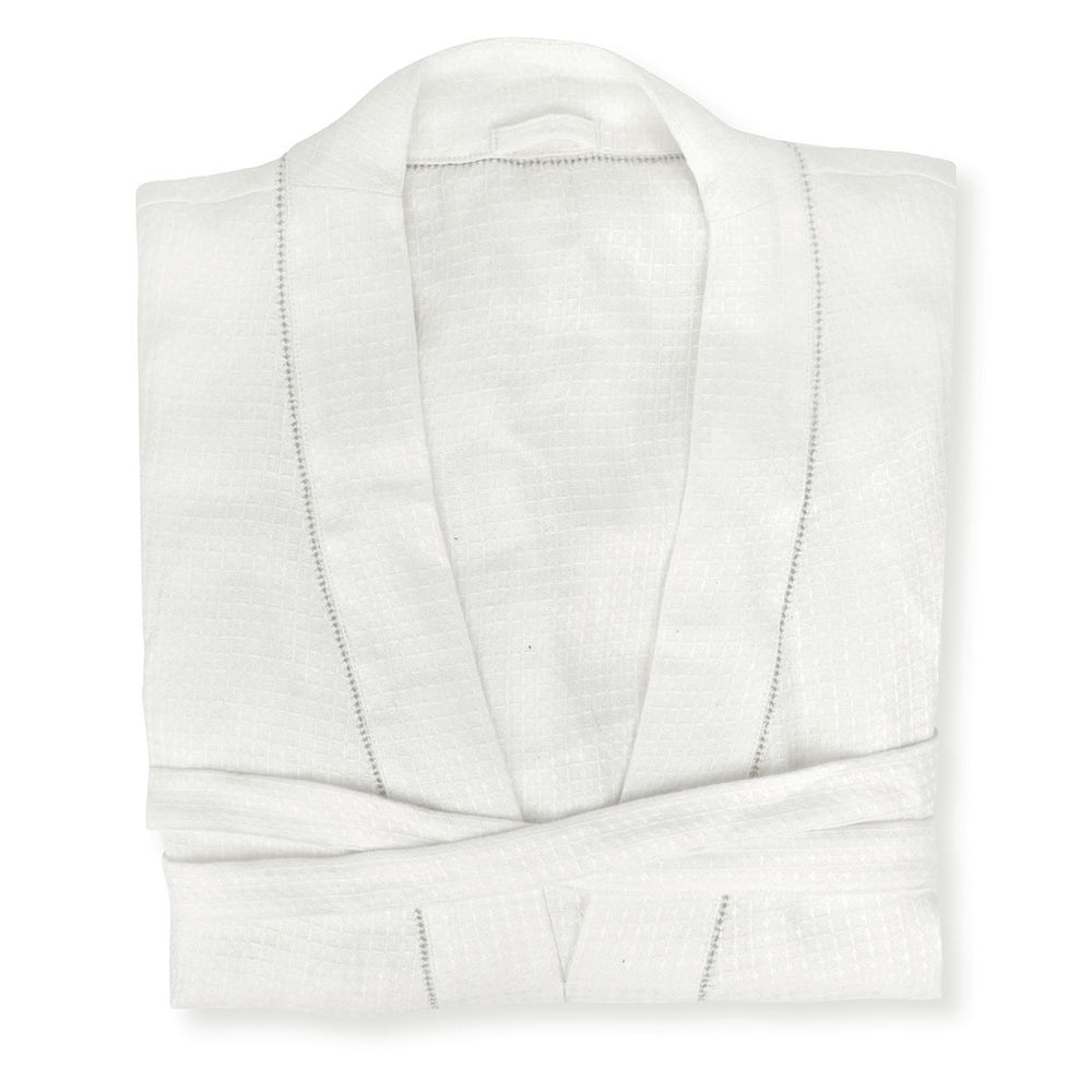 Personalised Two Initial Liège Robe in Ivory White Waffle with Parma Grey Hemstitch