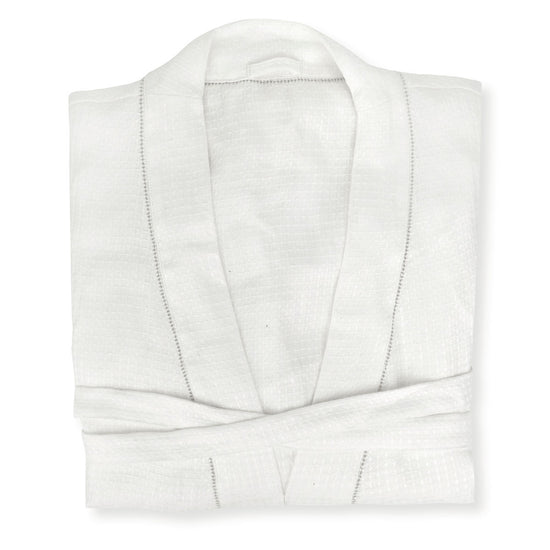 Personalised Two Initial Liège Robe in Ivory White Waffle with Parma Grey Hemstitch