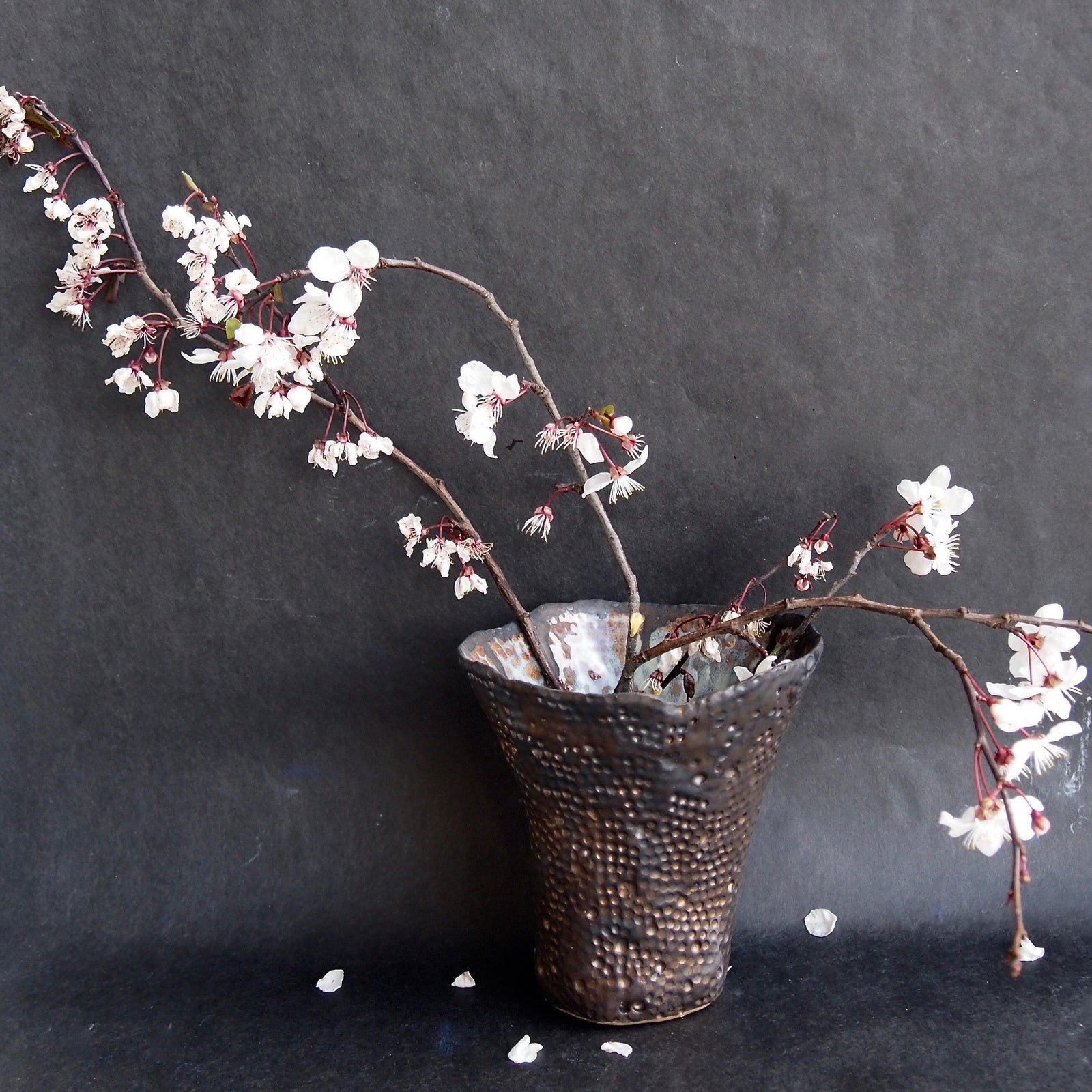 Handmade Bronze Dot Ceramic Vase with Blue Brown Swirly Interior