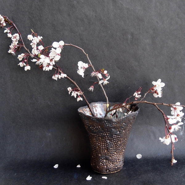 Handmade Bronze Dot Ceramic Vase with Blue Brown Swirly Interior