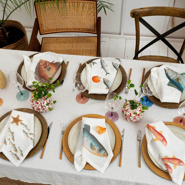 Linen Napkins SEA FISH Set of 6 Off White