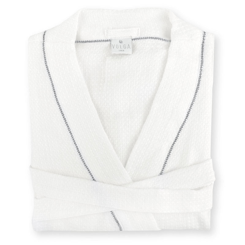 Personalised Two Initial Liège Robe in Ivory White Waffle with Indigo Hemstitch
