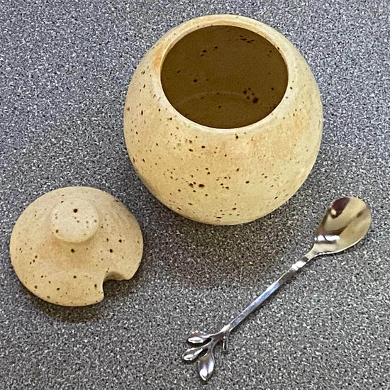 Sugar Bowl, Jam Pot, with Leafy Spoon Oatmeal Glaze