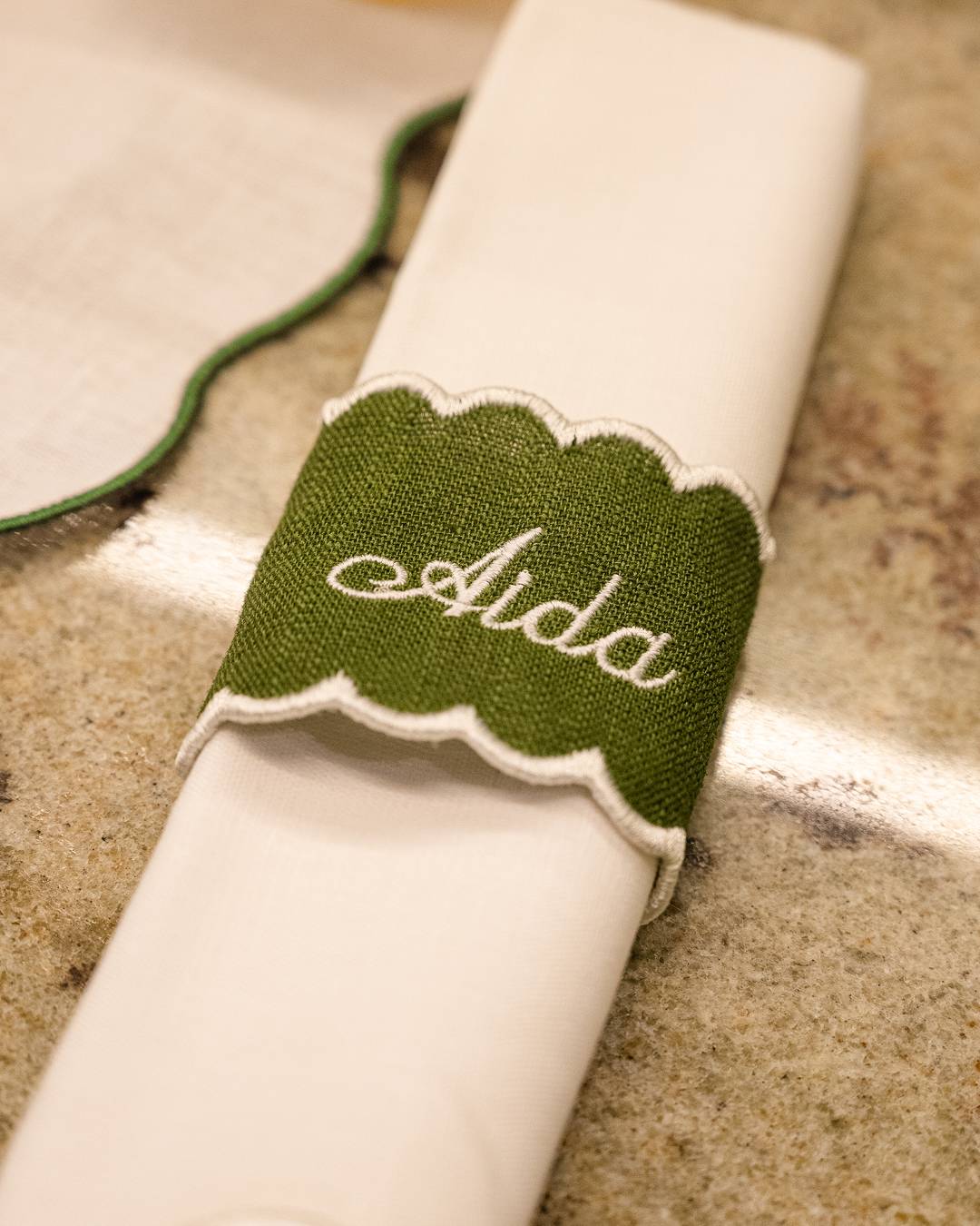 Green and White Custom Linen Napkin Ring