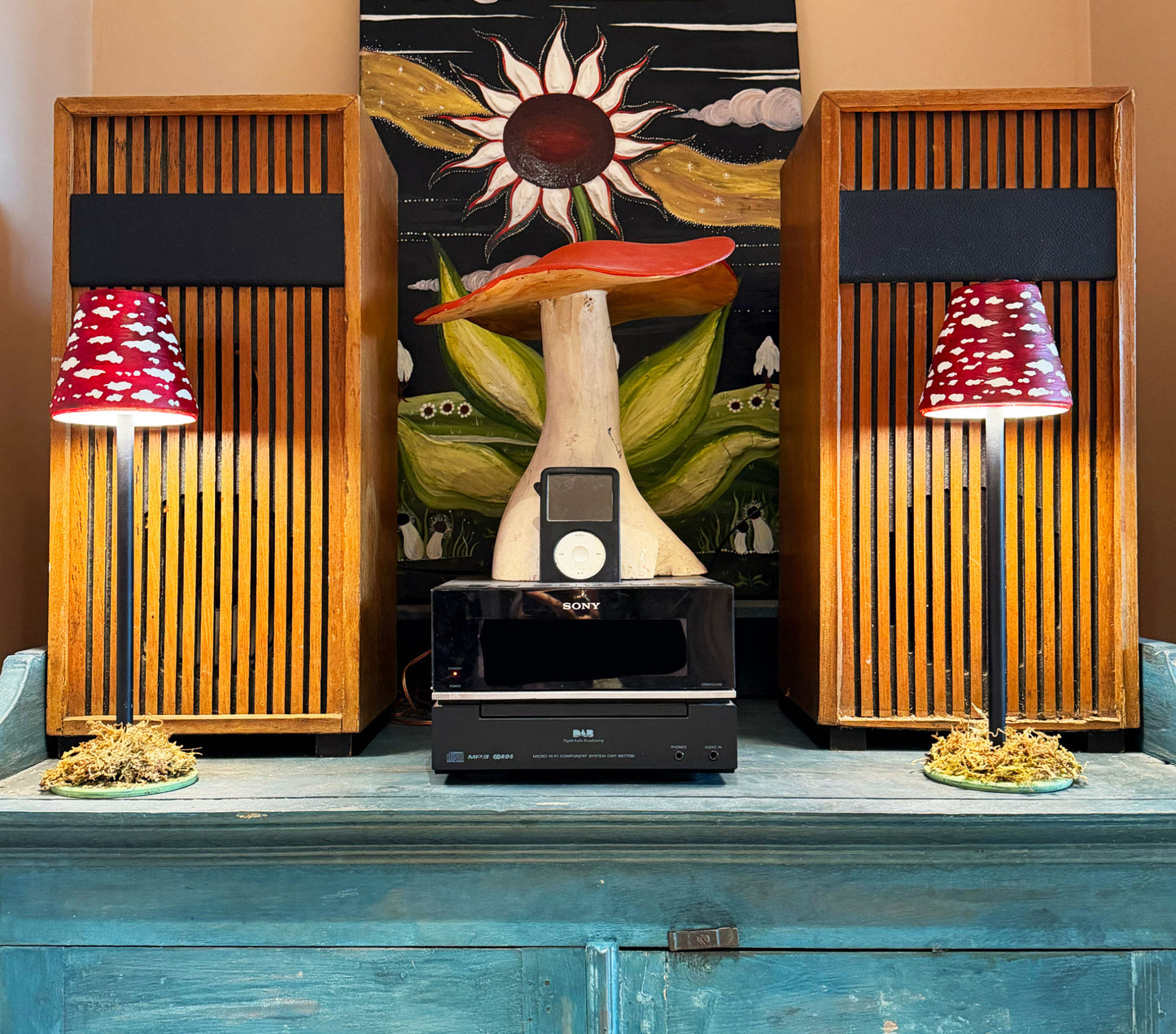 Mushroom Table LED Lamp On a Moss Bed