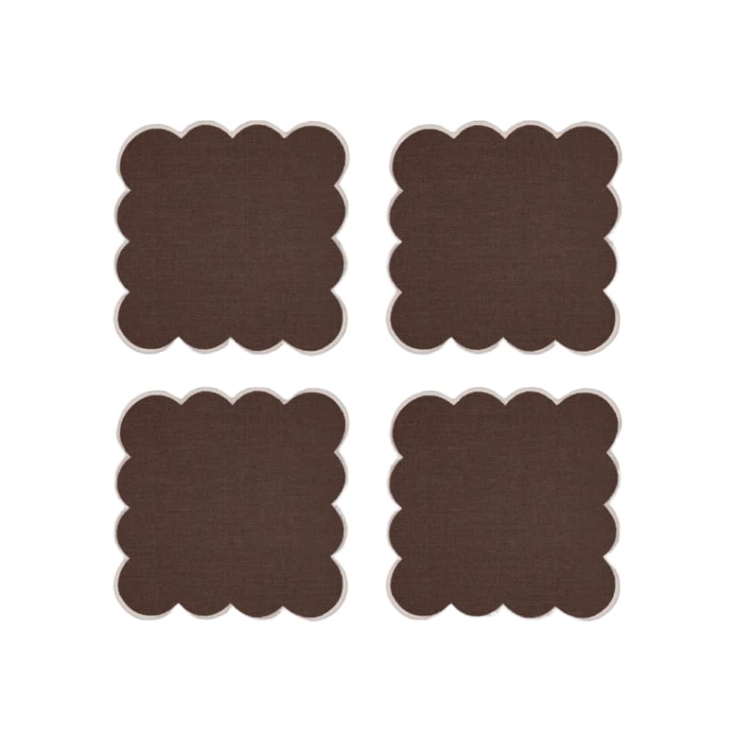 Zero-Waste Scalloped Linen Cocktail Napkins Chocolate - Set of 4