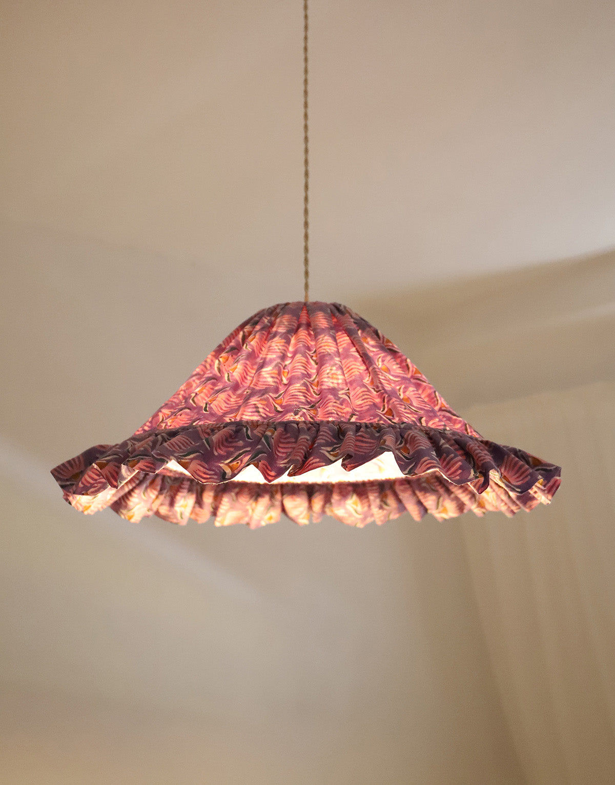 Conical Pendant Light with Emilia Ruffle “Purple Shell Flowers”