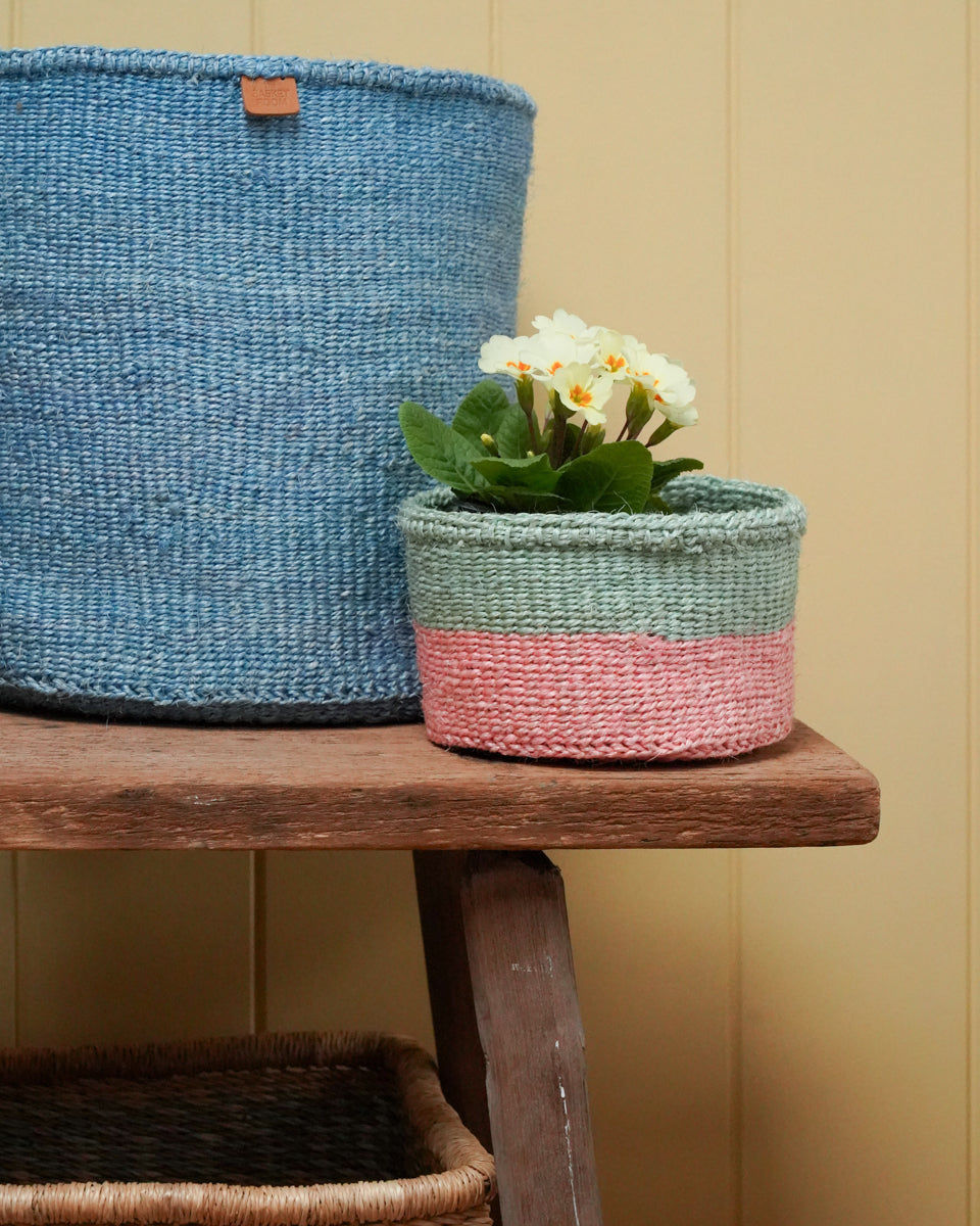 SIAFU: Sapling Green and Dusky Pink Colour Block Sisal Basket