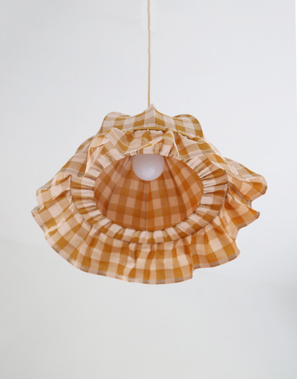 Vintage Dome Pendant Light with Ruffles in Mustard Gingham Print