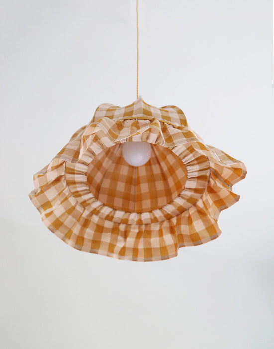Vintage Dome Pendant Light with Ruffles in Mustard Gingham Print