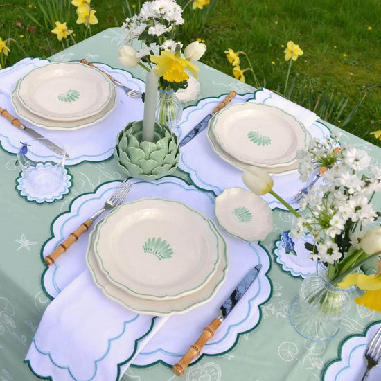 Scalloped Placemat Embroidered Blue & Green