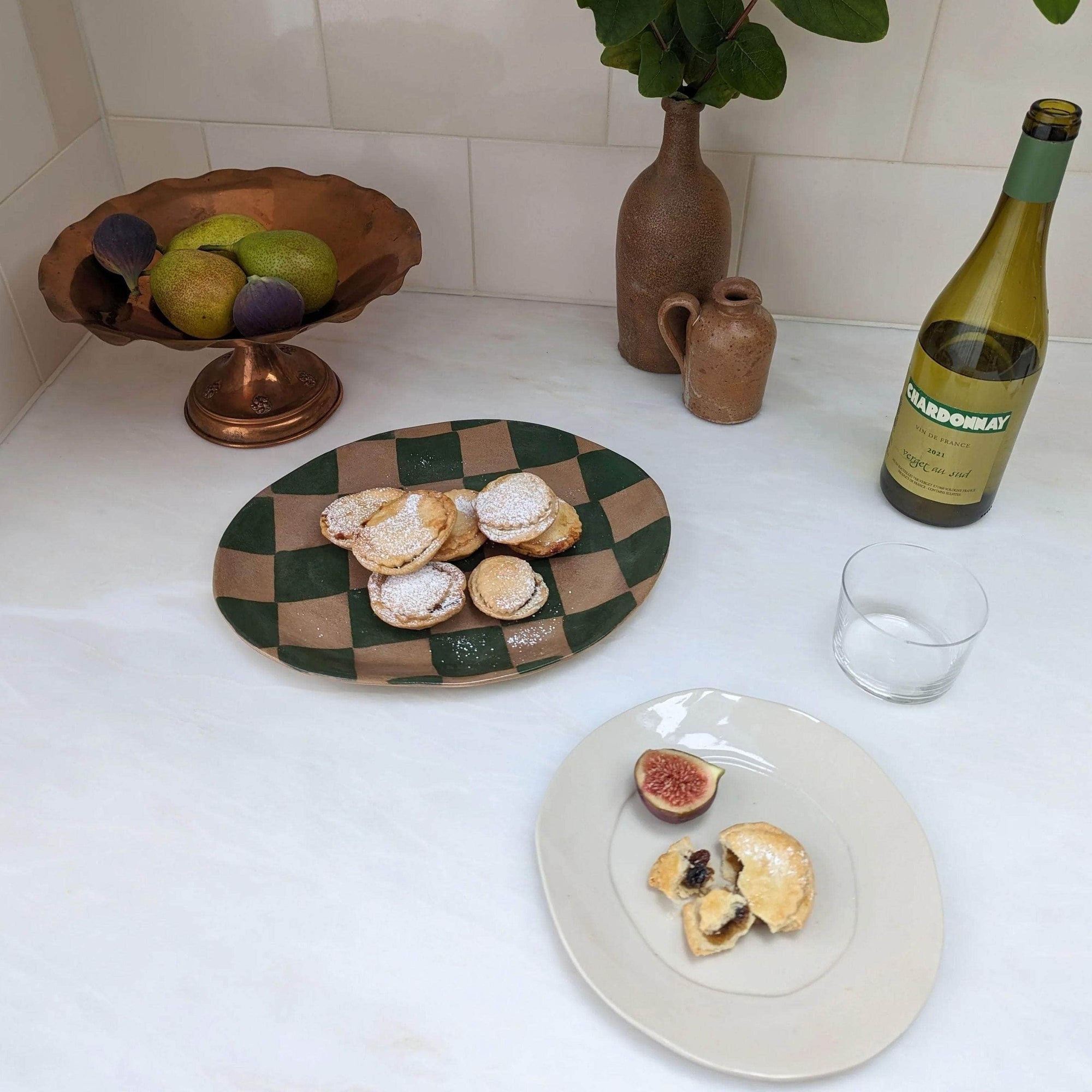 Green Oval Check Serving Platter