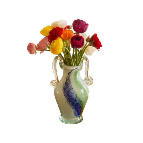 Blown Glass Amphora Vase, White, Blue and Green, Medium