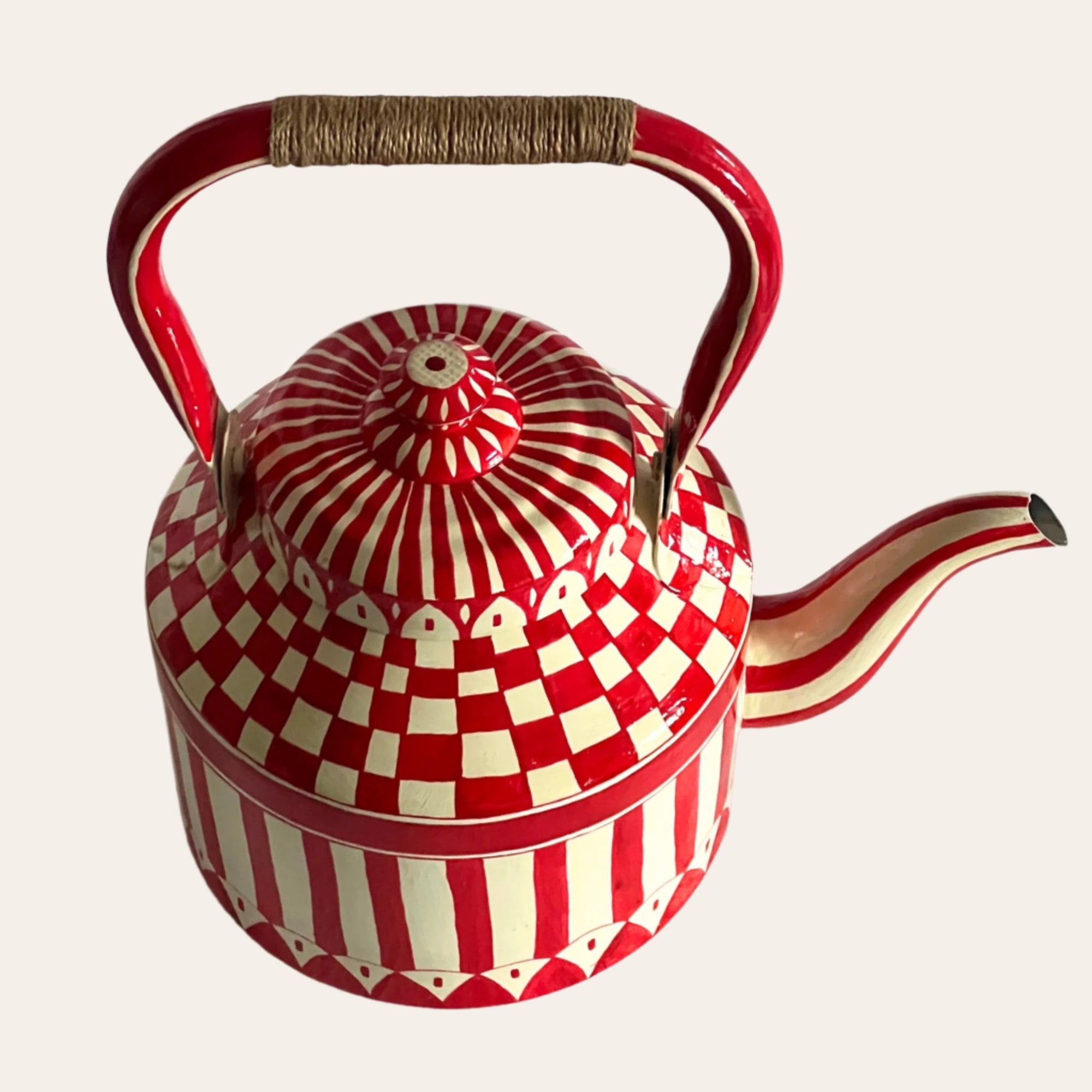 Hand Painted Tea Kettle | Red and White | Striped