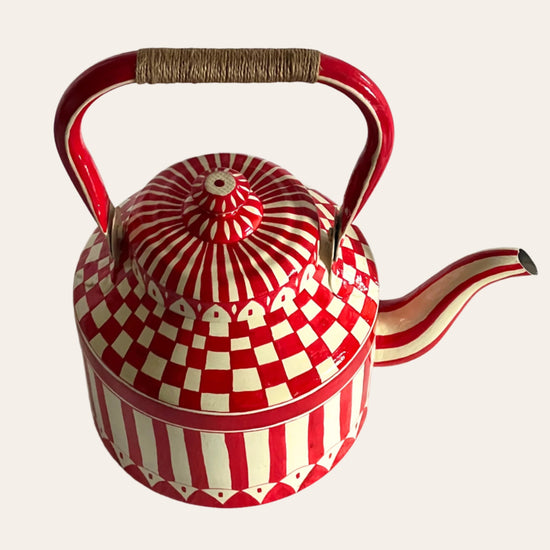Hand Painted Tea Kettle | Red and White | Striped