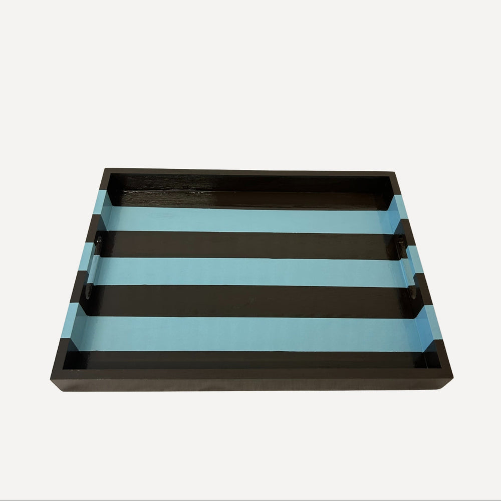 Brown and Blue Striped Decorative Tray with Handles