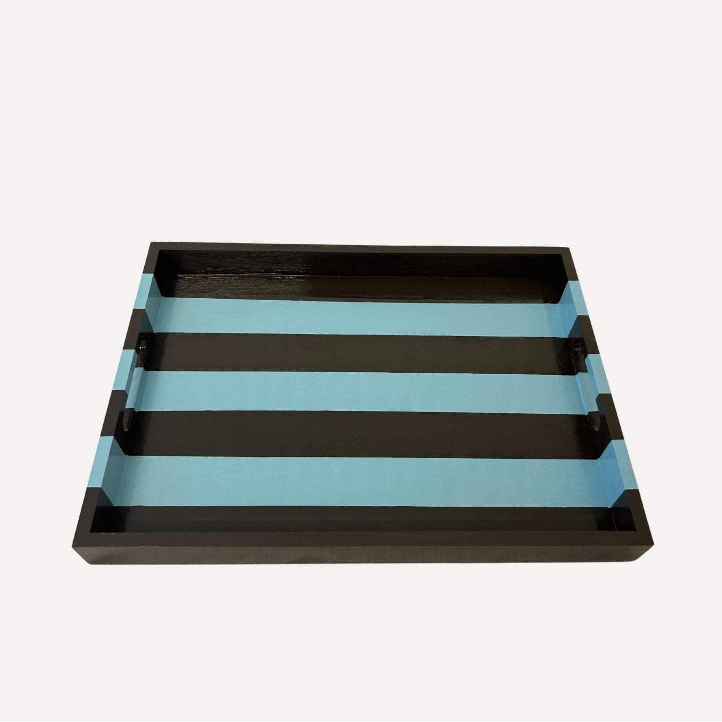 Brown and Blue Striped Decorative Tray with Handles
