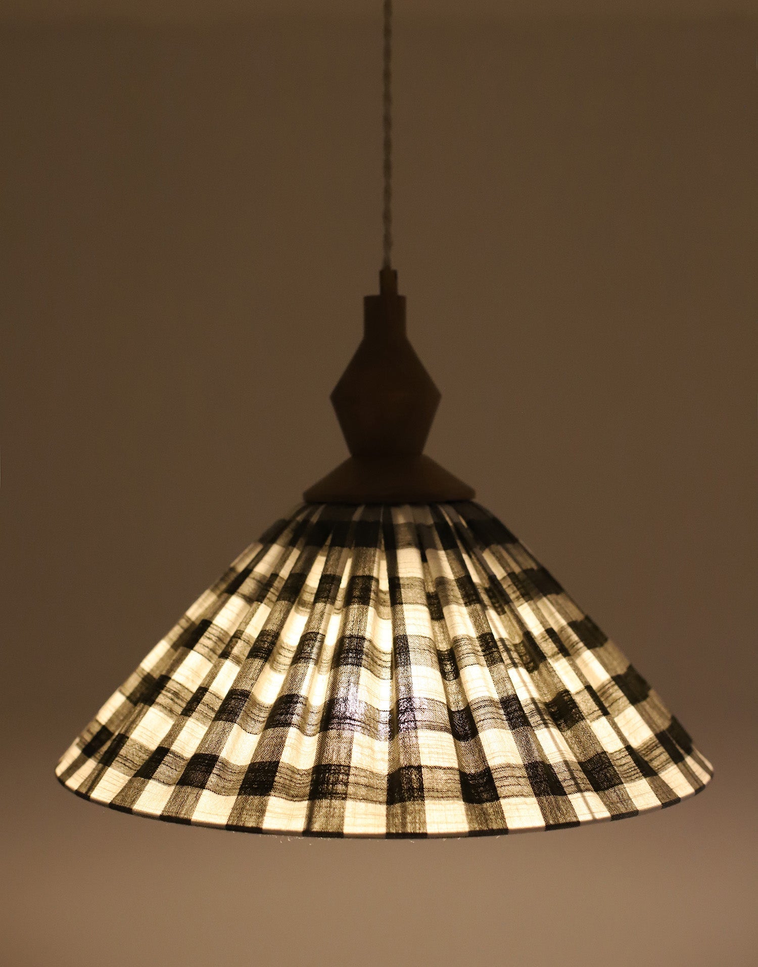 Olga Pleated Pendant Light in Khaki Check Fabric with Turned Wood Finish