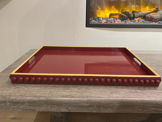 Red Bobbin Style Coffee Table Tray with Mustard Yellow Edge