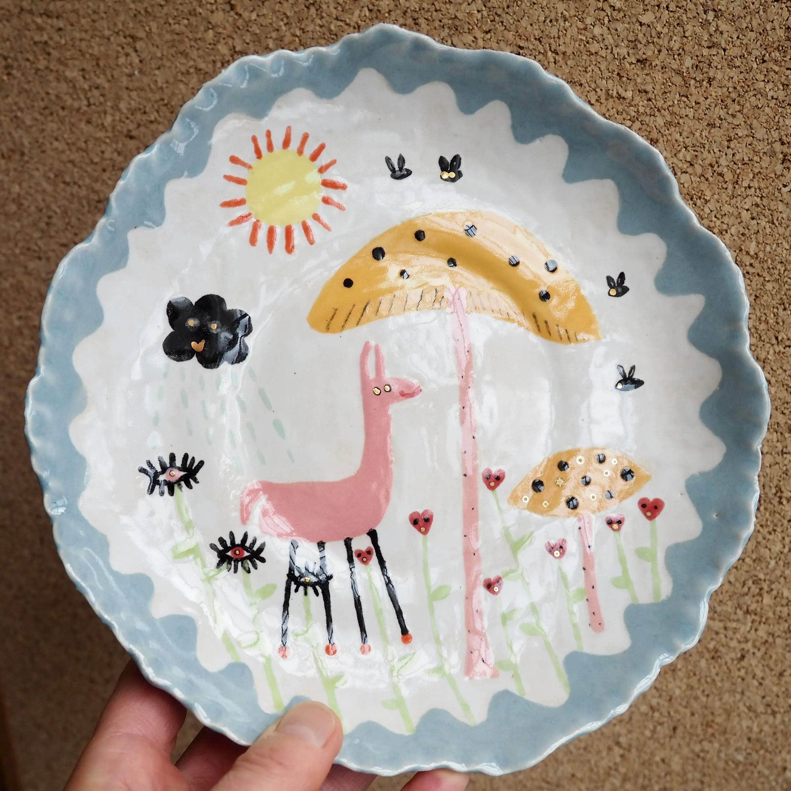 Handmade Illustrated Plate with Pink Llama, Toadstools , Hearts , Sun and Clouds
