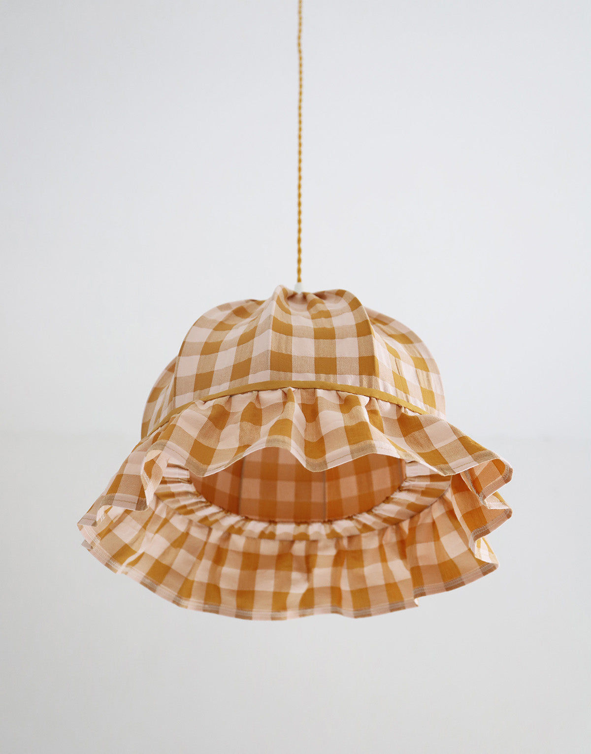 Vintage Dome Pendant Light with Ruffles in Mustard Gingham Print