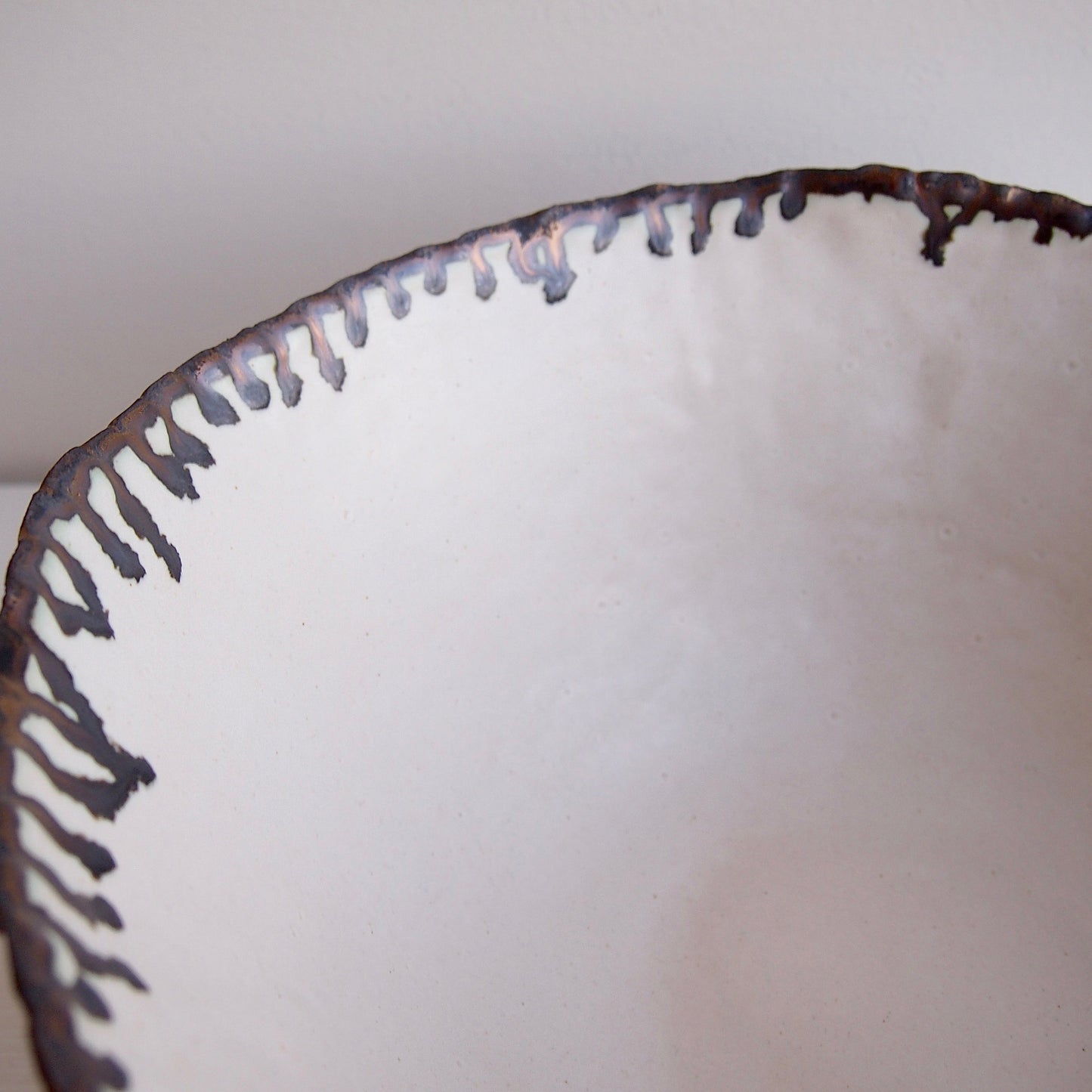 Handmade Satin White and Black/Gold Textural Ceramic Fruit Bowl