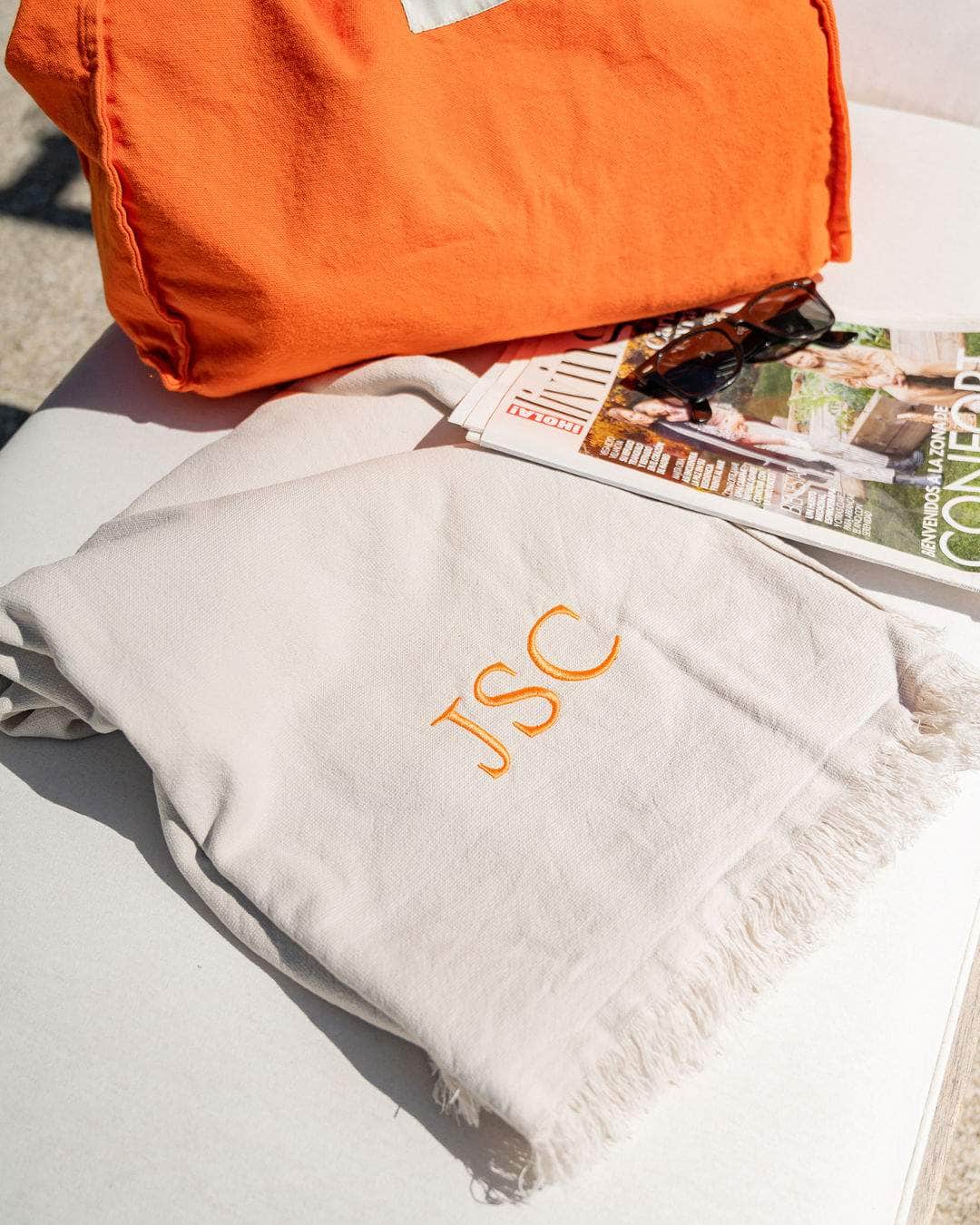 Personalised Beige Beach Towel with Fringe