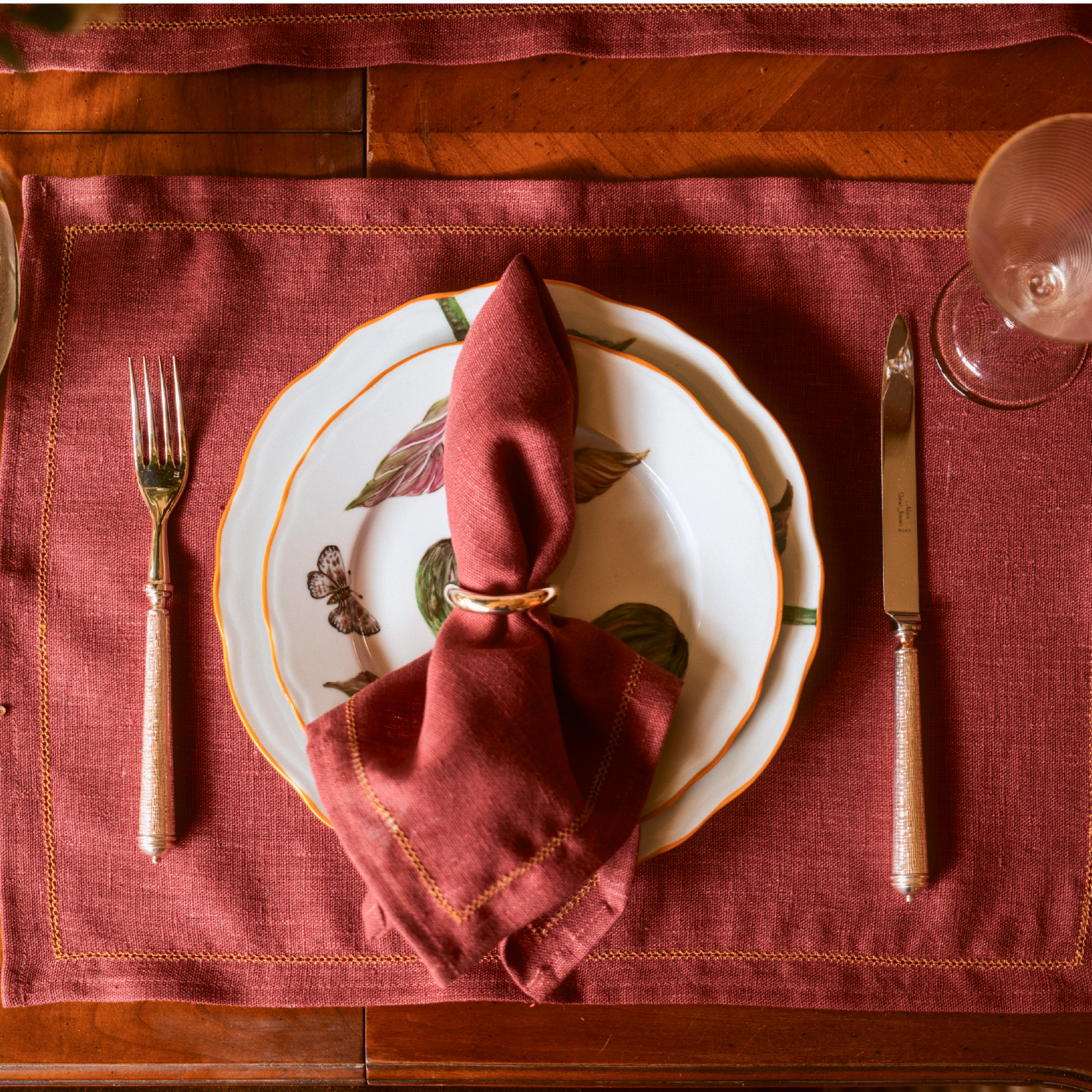 Set of Marsala Napkins with Ochre Hemstitch