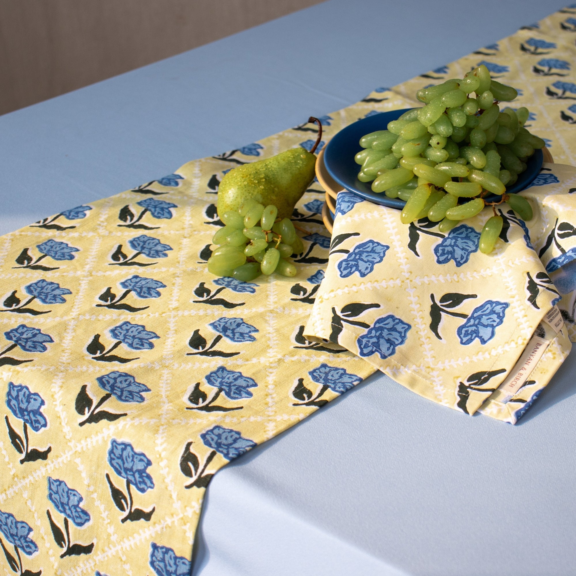 Noor - Pure Linen Handprinted Table Runner - Butter Yellow