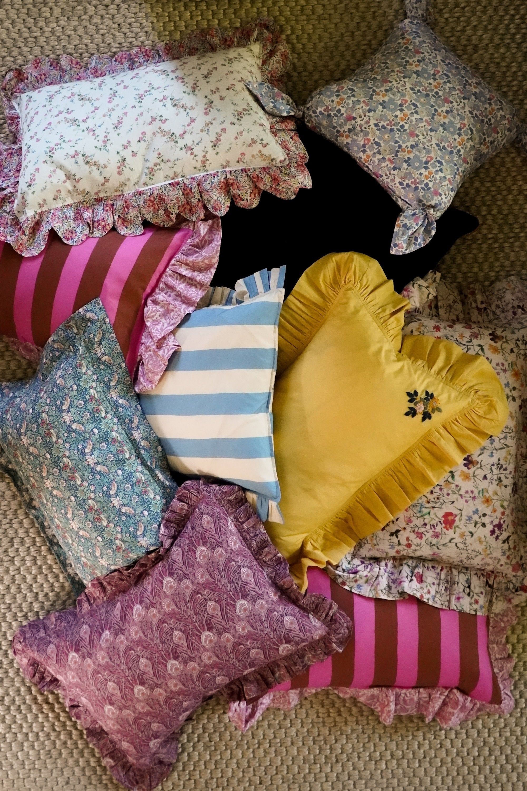 Embroidered Ruffle Cushion made with Linen Liberty Fabric TURMERIC