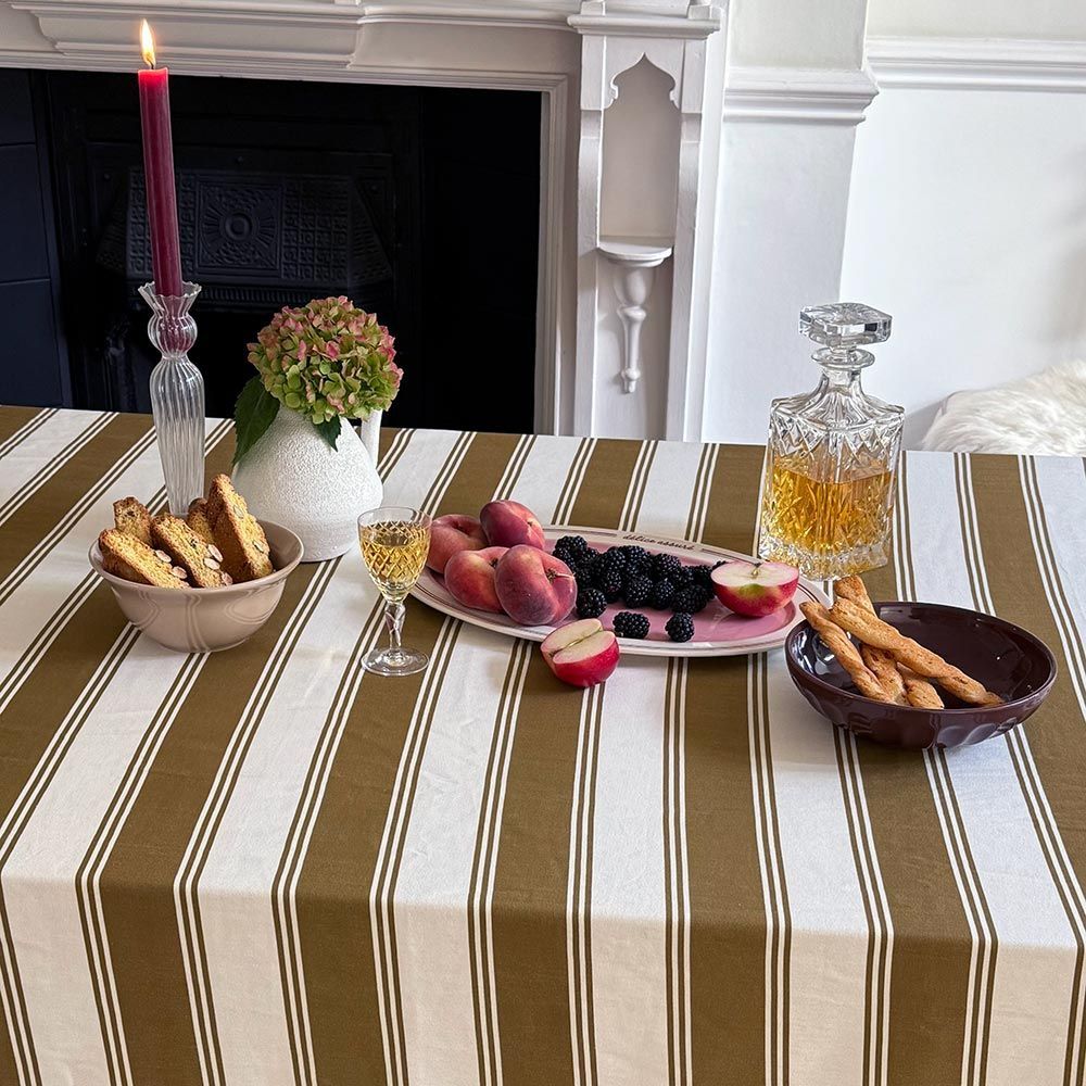 Murano Stripe Organic Ruffled Cotton Tablecloth - Bronzed Oak