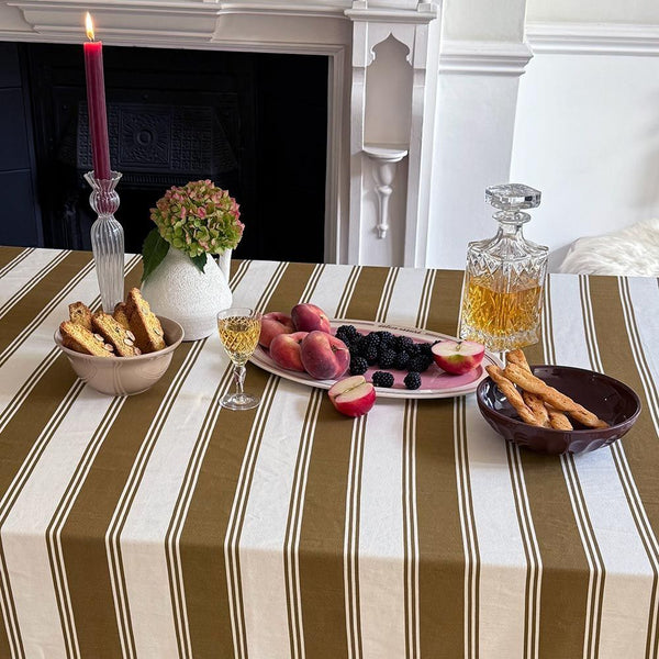 Murano Stripe Organic Ruffled Cotton Tablecloth - Bronzed Oak