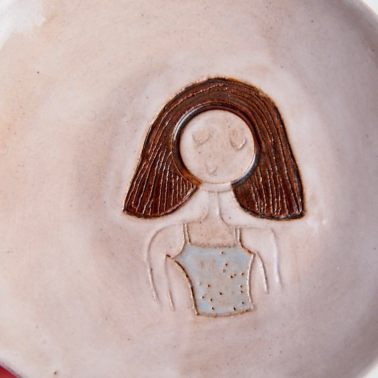 Brown Bob Hair Girl Mini Pottery Face Ring Dish / Plate