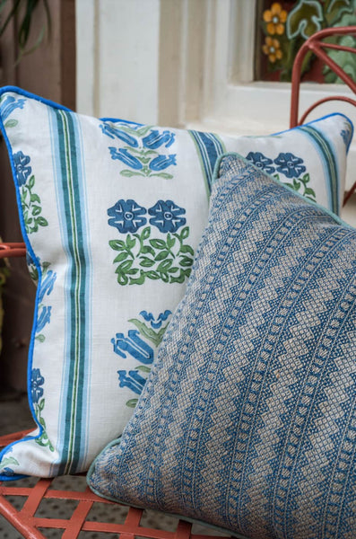 Folkloric Floral Print Cushion with Cornflower Blue Piping