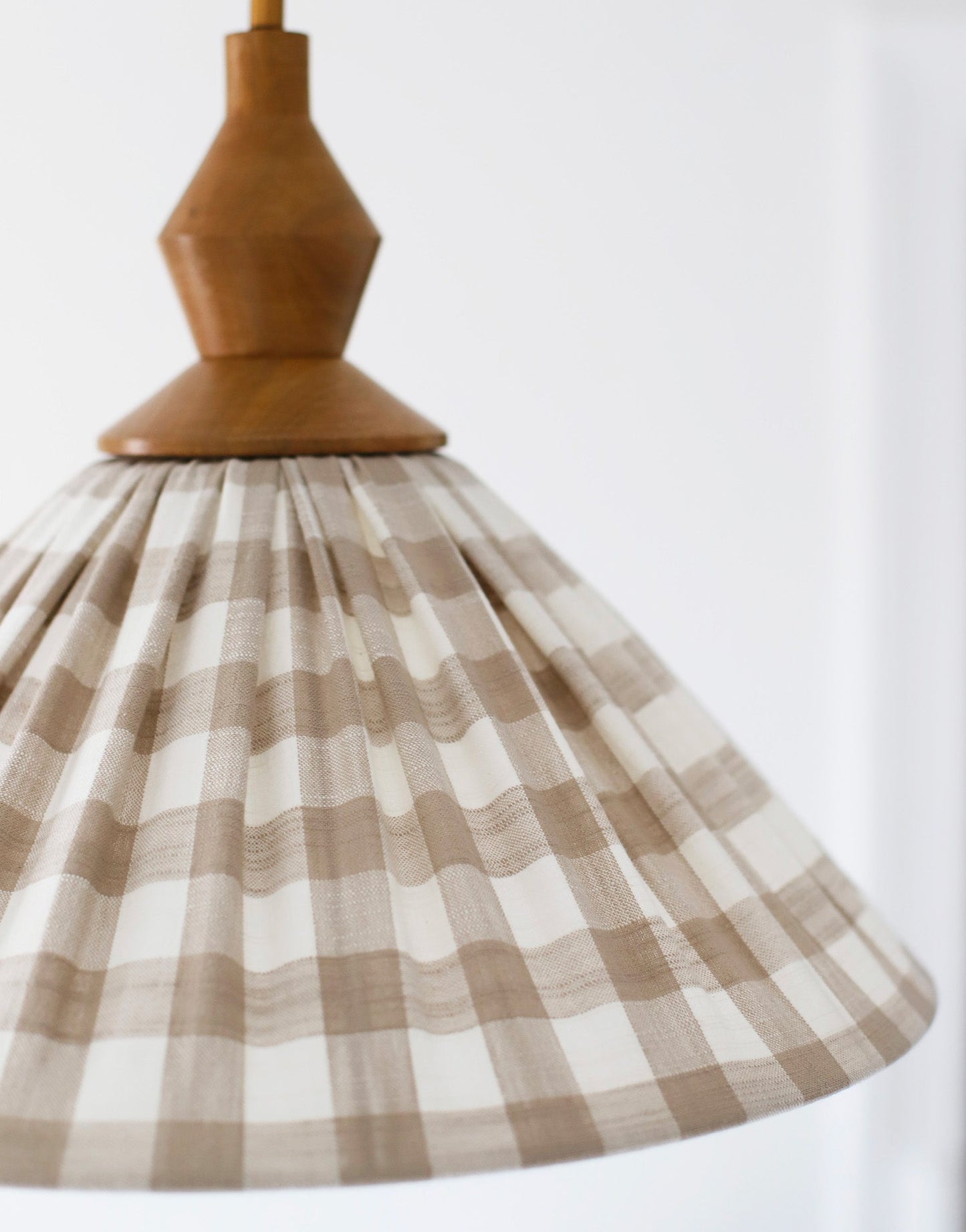 Olga Pleated Pendant Light in Beige Check Fabric with Turned Wood Finish