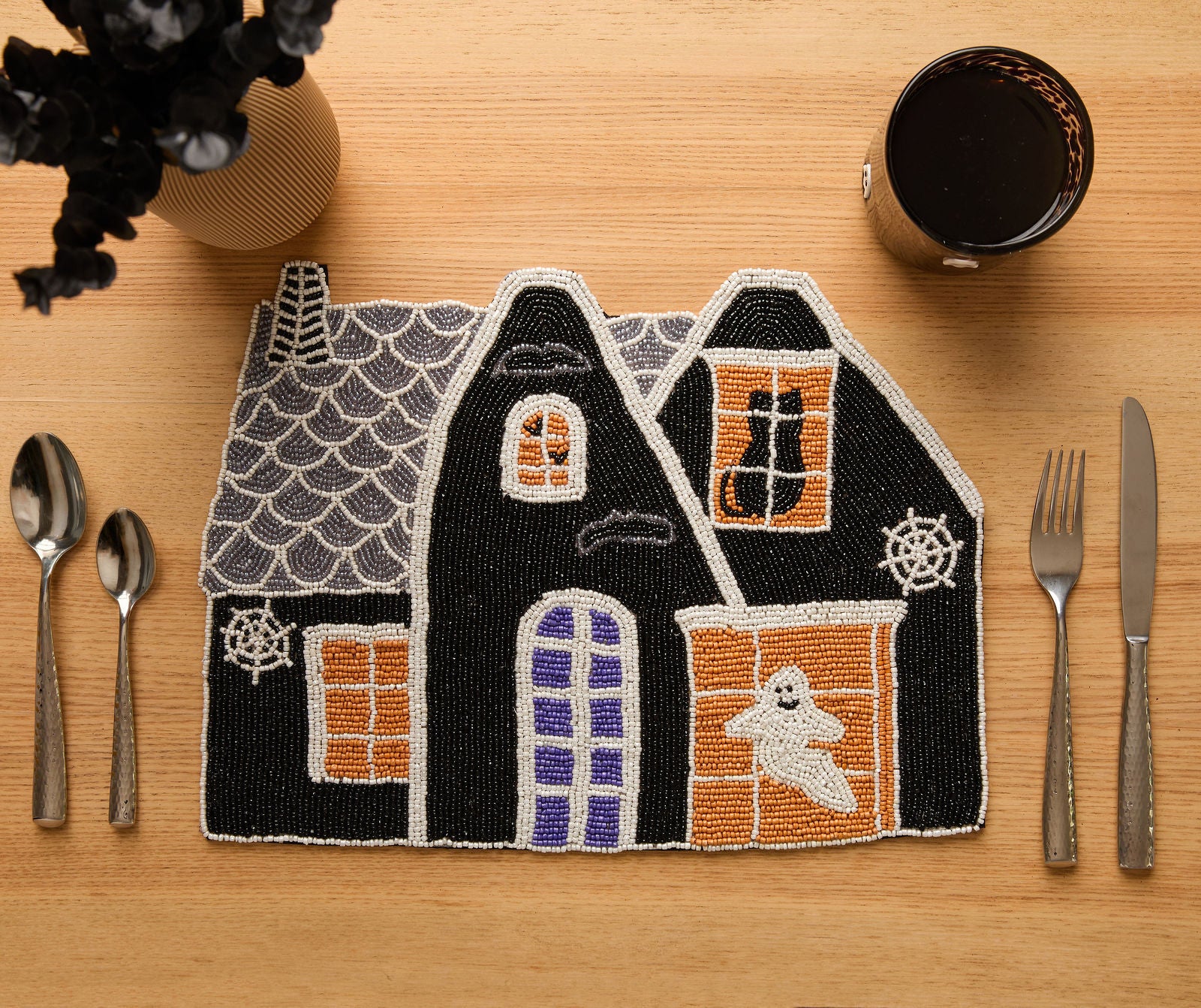 Haunted House Beaded Placemat Velvet Backing Handmade Halloween Table Decor Spooky Black Cat Ghost Mat Holiday Centerpiece