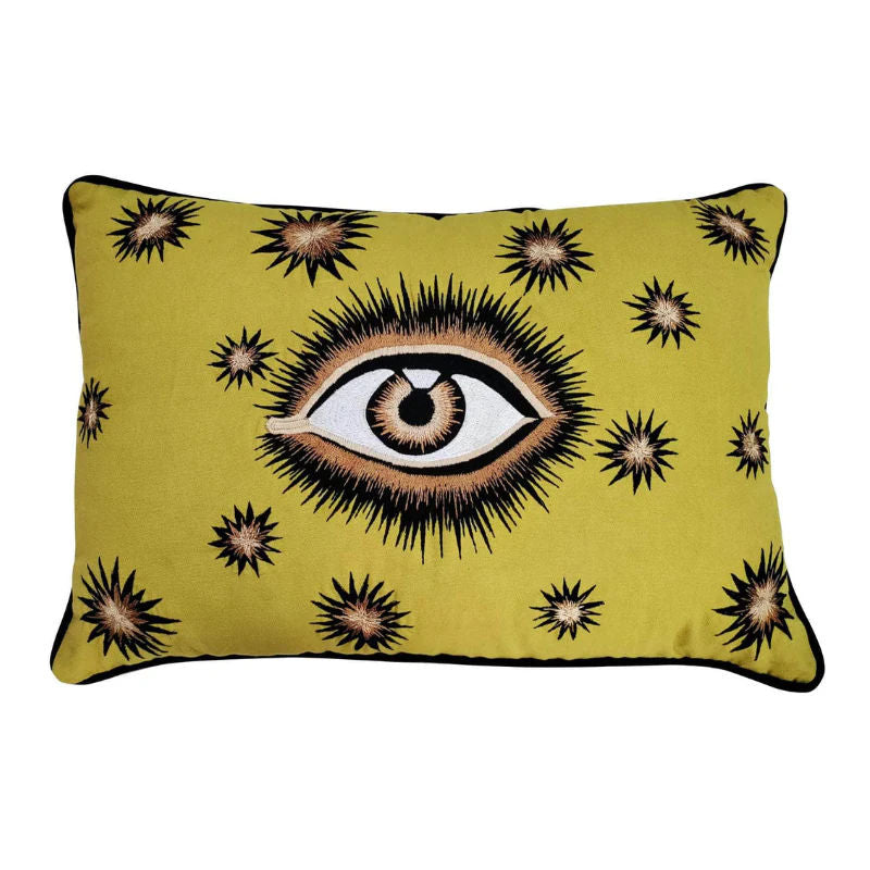 Hand Embroidered Cotton Eyes Cushion Yellow