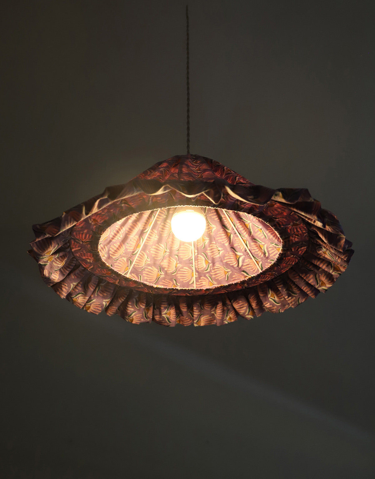 Conical Pendant Light with Emilia Ruffle “Purple Shell Flowers”