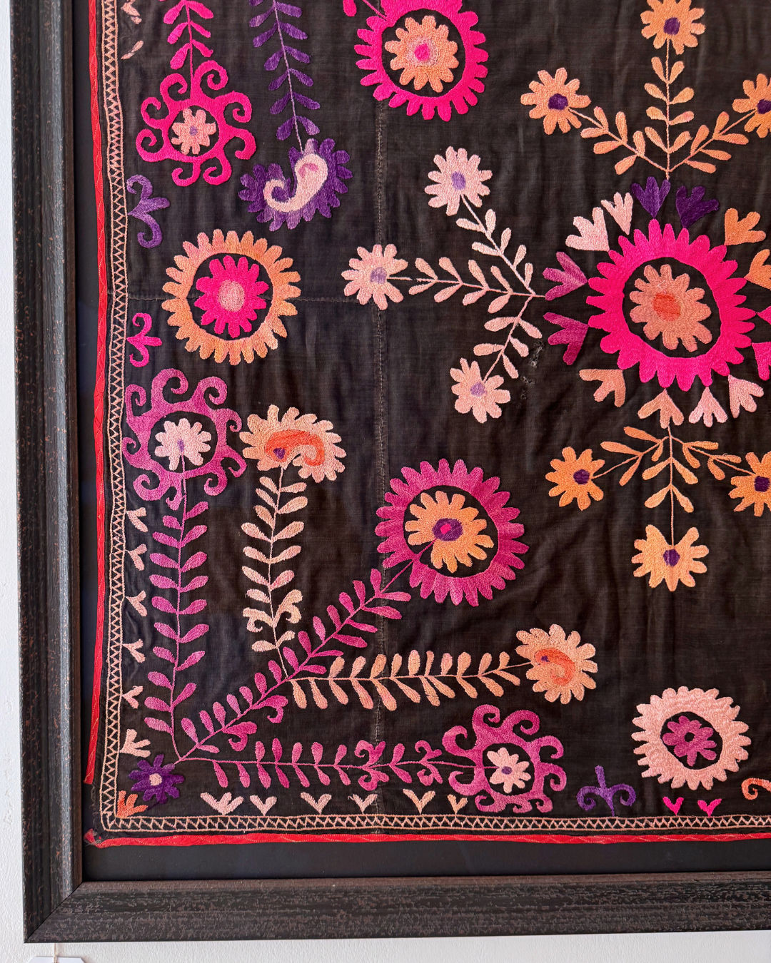 Framed Vintage Medium Black and Pink Suzani