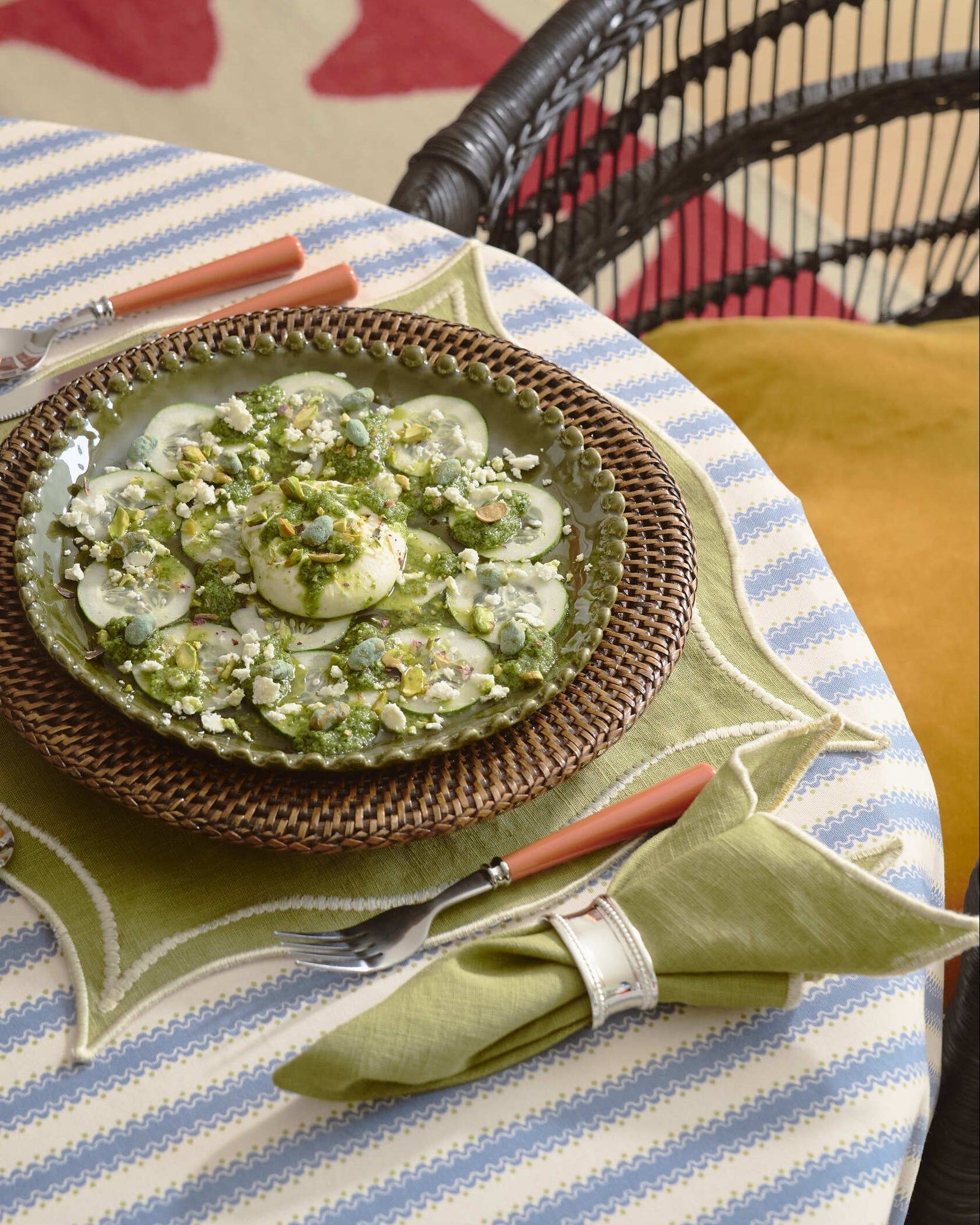 Leme Napkin, Green with Ecru/Off-White