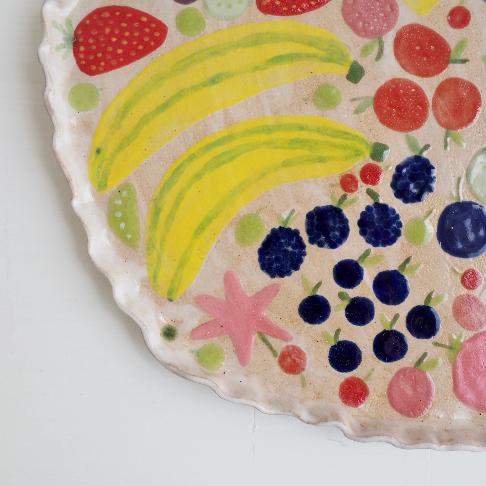 Handmade Ceramic Platter with Fruits and Vegetables & Curvy Top Edge