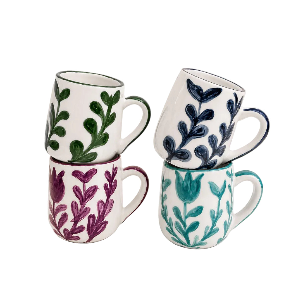 Set of 4 - Botanical Hand Painted Ceramic Mugs
