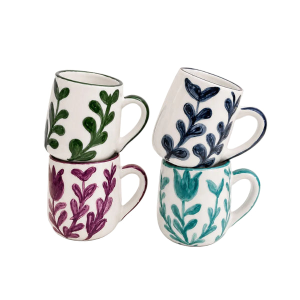 Set of 4 - Botanical Hand Painted Ceramic Mugs-